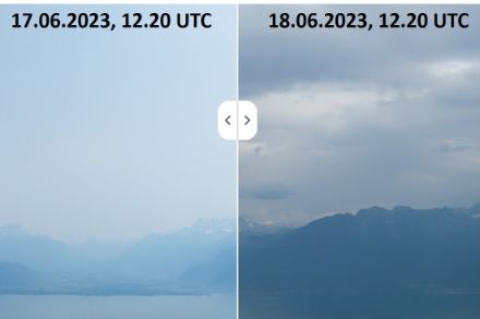 Blick von der MeteoSchweiz Webcam Mont Pèlerin Richtung Süden über den Genfersee. Die Anfeuchtung ist zunächst vor allem in der Höhe gut erkennbar. Quelle: MeteoSchweiz