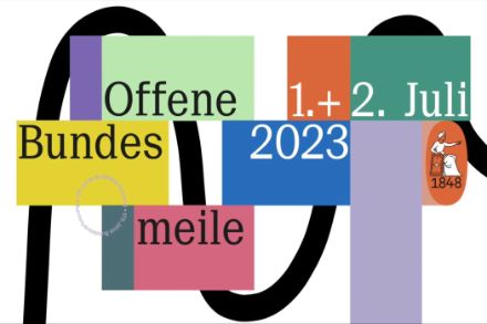  Mehrfarbiges Logo der offenen Bundesmeile mit Datum (1. und 2. Juli 2023)