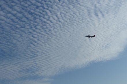 Kleine Schäfchenwolken in grosser Höhe: Cirrocumulus-Wolkenfelder über dem Flughafen Zürich kündigten am Sonntagmorgen die einfliessende Warmluft aus Südwesten an. Bild: B. Kunz