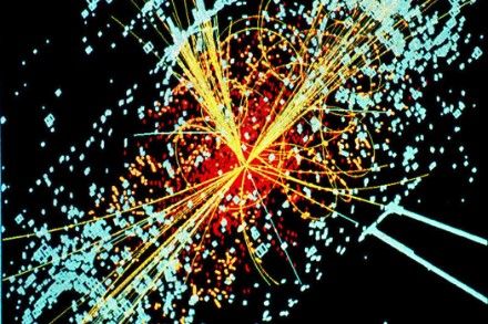 Entstehung des Higgs-Bosons nach der Kollision zweier Protonen im Large Hadron Collider (LHC) des CERN. Die Existenz des Higgs-Bosons, eines Elementarteilchens, wurde 1964 auf der Grundlage mathematischer Gleichungen postuliert. Experimentell nachgewiesen wurde sie jedoch erst 2012 mit Hilfe des LHC am CERN bei Genf. Quelle: commons.wikimedia.org