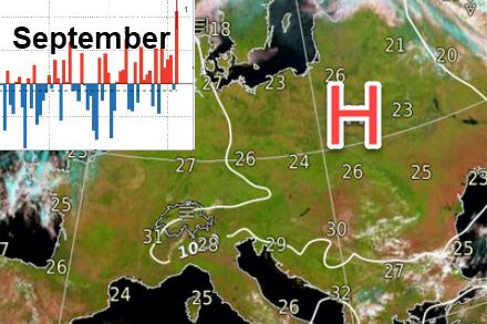 Temperaturanomalien im Monat September und symbolische, für den Septemberanfang 2023 typische Wetterkarte Mitteleuropas. 