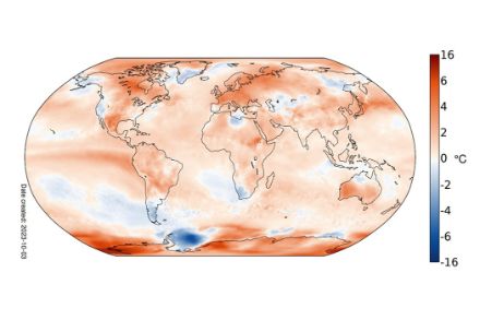 Abbildung 1. Räumliche Verteilung der weltweiten Septembertemperatur 2023, dargestellt als Abweichung zum Durchschnitt 1991‒2020 in °C.  Quelle: Copernicus. 