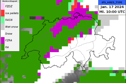 Vorhersage des Niederschlagstyp des IFS-Modells (ECMWF) am 17.01.2024 um 10 UTC. Violett (Freezing rain) bedeutet vereisender Niederschlag mit Glatteisgefahr. Quelle: MeteoSchweiz