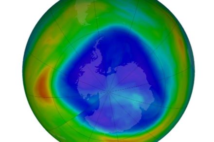 Ozonloch (blaue und violette Fläche) über der Antarktis am 4. September 2023. Quelle: Ozone Hole Watch NASA