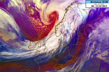 Satellitenbild (Airmass RGB) vom Mittwoch, 31.1.2024, 17 Uhr. (Quelle: MeteoSchweiz/Eumetsat)