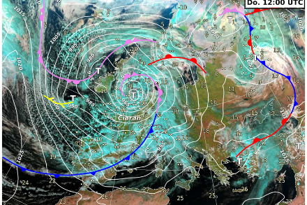 Der Sturm Ciarán, der am 2. November 2023 den Nordwesten Frankreichs und Englands traf, ist ein Beispiel für ein aussertropisches Tiefdruckgebiet mit starken Auswirkungen. 
