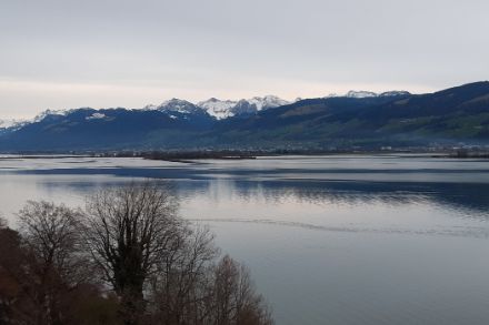 See mit Voralpen und Alpen und bewölktem Himmel.
