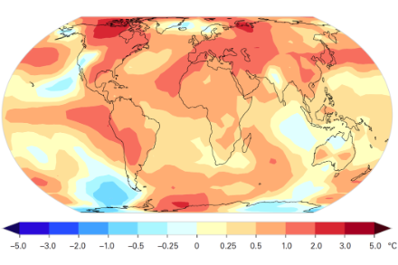 Weltkarte der Anomalie der Jahresmitteltemperatur 2023 zum Durchschnitt der Referenzperiode 1991-2020. Quelle: WMO.