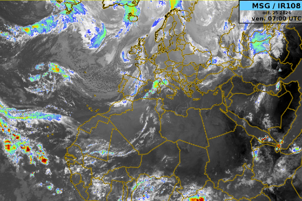 Infrarot Satellitenbild vom Freitag 25. Oktober um 07 UTC. Quelle: MeteoSchweiz