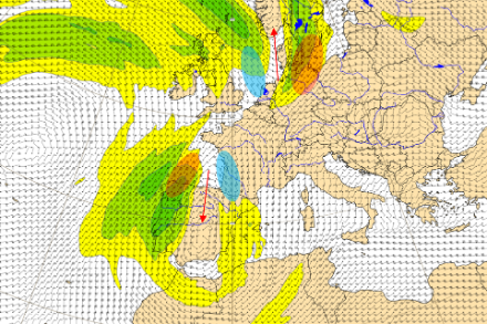 Wind und Jetstream (grün-gelbe Kontur) auf 300 hPa vom 27. Oktober 2024 um 12 UTC. Die roten Pfeile stellen die Zentripetalbeschleunigung dar, die orangen Ellipsen dynamische Aufwindgebiete und die blauen Ellipsen dynamische Subsidenzgebiete. Quelle: ECMWF