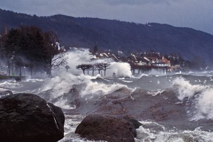 Abbildung 1: Der Sturm am Zugersee. Dieses eindrückliche Foto von A. Busslinger (Fotoagentur AURA) zeigt die Wucht des Sturms während des Durchgangs von Lothar an der Seepromenade Zug.