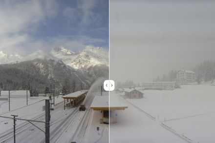 Abwechslungsreiches Wetter in Preda am Albulapass. Am Vormittag Schneefall, am Nachmittag mit Zwischenhocheinfluss sonnig. Lange hält die ruhige Wetterphase nicht an, das nächste Frontensystem ist bereits im Anmarsch. Quelle: roundshot.ch