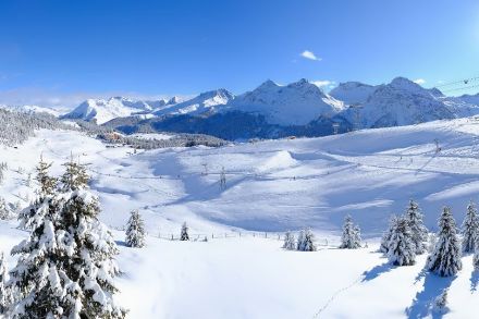 Blick vom «Arosa Bärenland» knapp westlich von Arosa auf 1990 m ü.M. mit Blick Richtung Südost in die frisch verschneite Bergwelt. Quelle: baerenland.roundshot.com