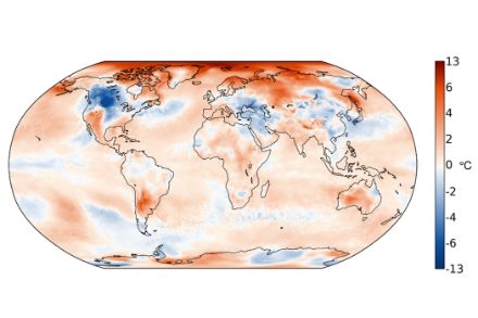 Weltkarte zur Temperaturverteilung im Februar 2025.