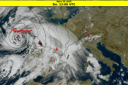 Wettersituation heute Donnerstag, 20. März 2025 um 12 UTC: wolkenlose Verhältnisse über Mitteleuropa, aber ausgedehnte Schleierwolken des Tiefdruckgebiets "Martinho" von Südwesten her im Aufzug