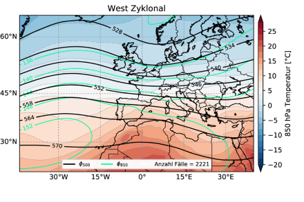 Mittleres Geopotential [dm] auf 500 hPa (schwarze Linien), mittleres Geopotential [dm] auf 850 hPa (grüne Linien) sowie mittlere Temperatur [°C] auf 850 hPa (farbige Flachen) aller zyklonalen Westlagen im gesamten Jahr in der Zeitperiode 1961-2010.