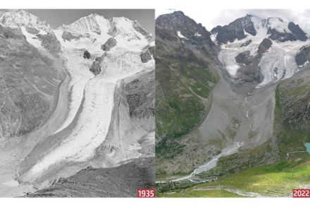 Gletscherschwund in den Alpen: Vergleich des Gletscherzustands zwischen 1935 und 2022.