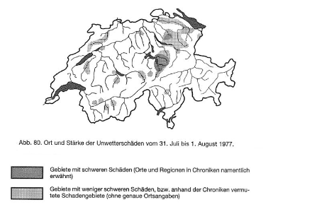Schadensgebiete des Unwetters vom 31. Juli 1977. In den zentralen und östlichen Landesteilen wiesen viele Gebiete Schäden auf, besonders betroffen war der nördliche Teil des Kantons Uri.