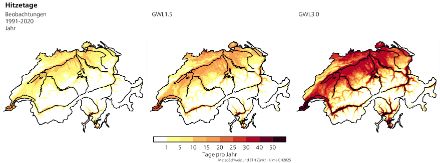 Drei Schweizer Karten, welche die durchschnittliche Anzahl Hitzetage pro Jahr zeigen. Die erste Karte zeigt die Anzahl Hitzetage für die Referenzperiode 1991-2020, die zweite und dritte für eine zukünftigen Welt bei einer globalen Erwärmung von 1,5 °C und 3 °C gegenüber der vorindustriellen Zeit. Es ist eine klare Zunahme der Anzahl Hitzetage mit zunehmender globaler Erwärmung ersichtlich.