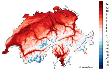 Karte der Schweiz mit farbcodierten Angaben zur Jahrestemperatur. Das Mittelland, das Tessin und die Alpentäler sind rot eingefärbt. Hier liegt die Jahrestemperatur zwischen 7 bis 14 Grad.