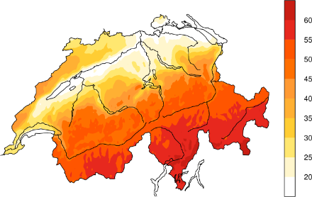 Karte der Schweiz mit farbcodierten Angaben zur Sonnenscheindauer.