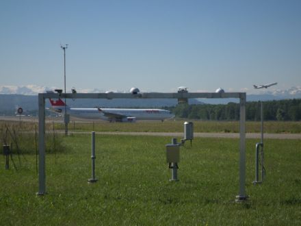 Bild der verschiedenen Messinstrumente, im Hintergrund ein Passagierflugzeug auf der Startbahn.